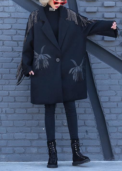 vintage Loose fitting Winter woolen outwear black print Notched woolen outwear AT-CTS191023