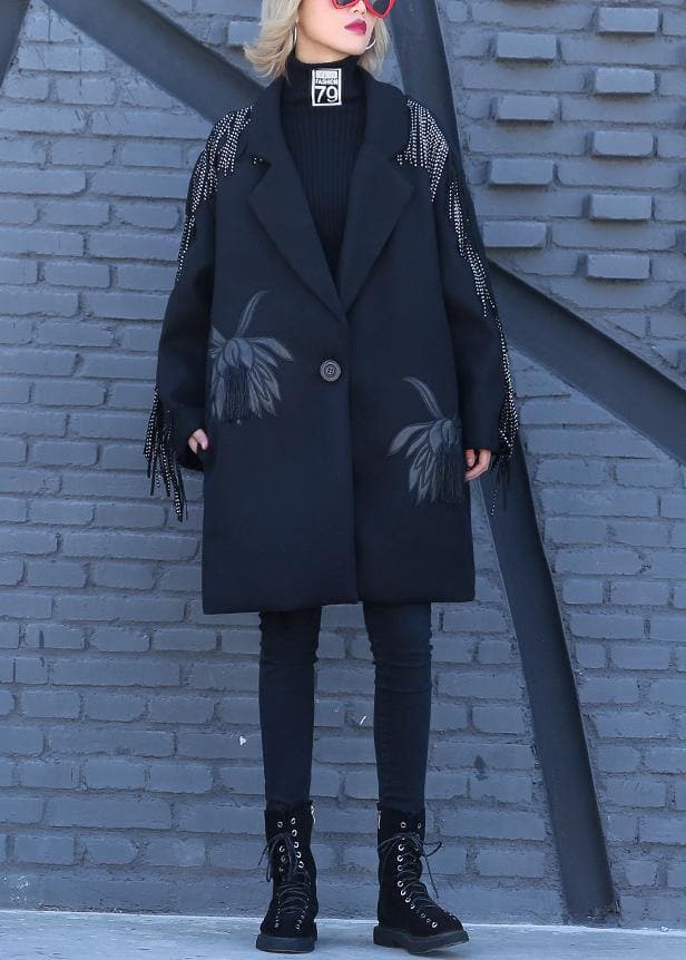 vintage Loose fitting Winter woolen outwear black print Notched woolen outwear AT-CTS191023