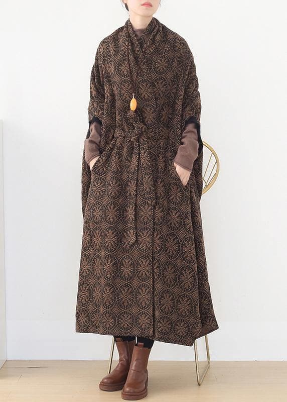 vintage brown wool coat plus size v neck trench coat cloak woolen outwear AM-TCT201223
