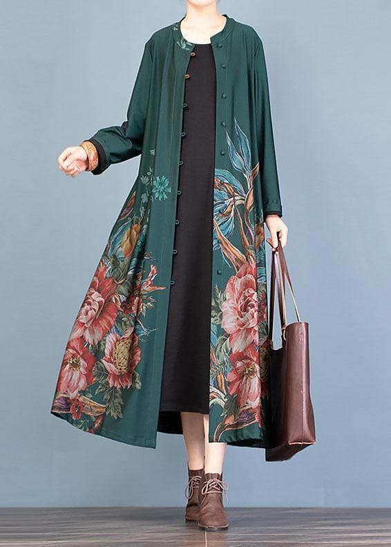 vintage green prints Coat Women oversize long coat fall trench coats o neck TCT190910