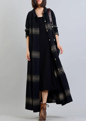 vintage plus size clothing trench coat fall black plaid lapel Button coats TCT190910
