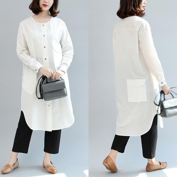 white baggy cotton dresses loose casual long sleeve shirt dress FDM171028