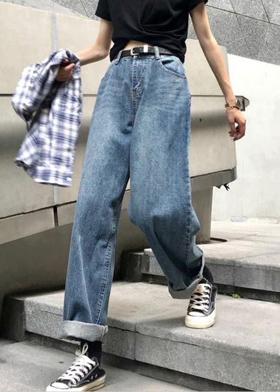 winter vintage denim blue pants high waist wide leg trousers LPTS191106