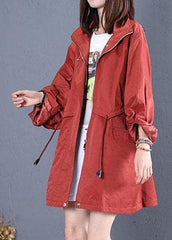 women trendy plus size mid-length coats fall red drawstring Coats TCT190925