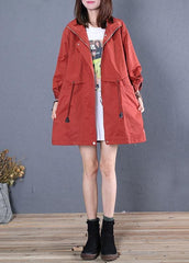 women trendy plus size mid-length coats fall red drawstring Coats TCT190925