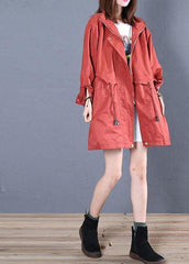 women trendy plus size mid-length coats fall red drawstring Coats TCT190925