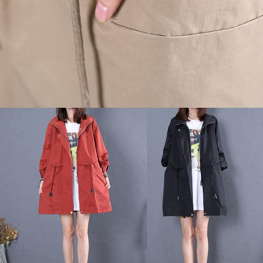 women trendy plus size mid-length coats fall red drawstring Coats TCT190925